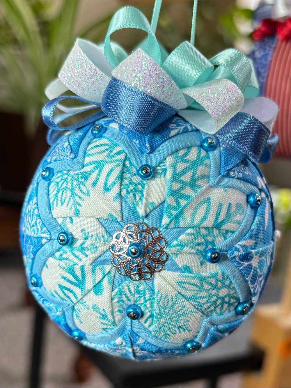 Blue Floral Fabric Ornament Ball with Ribbon Bow